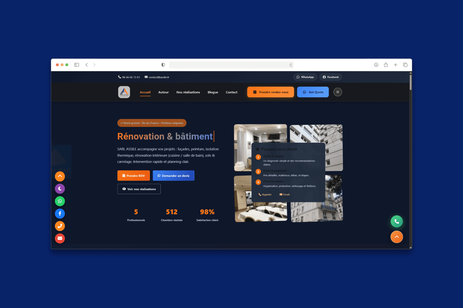Dark homepage presentation of the ASSILE website
